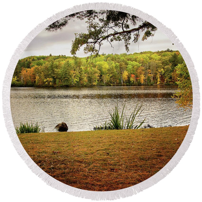 Menominee River In Autumn Print Round Beach Towel featuring the photograph Menominee River in Autumn by Gwen Gibson