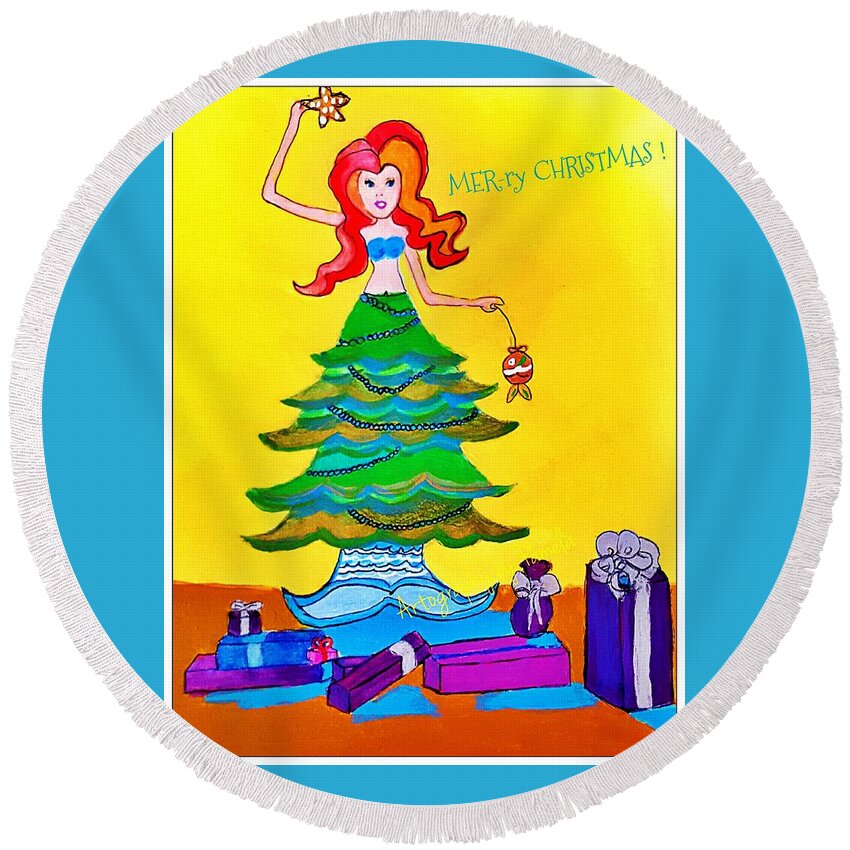 Christmas Mermaid Round Beach Towel featuring the painting Mer-ry Christmas Mermaid Tree  by Pamela Smale Williams