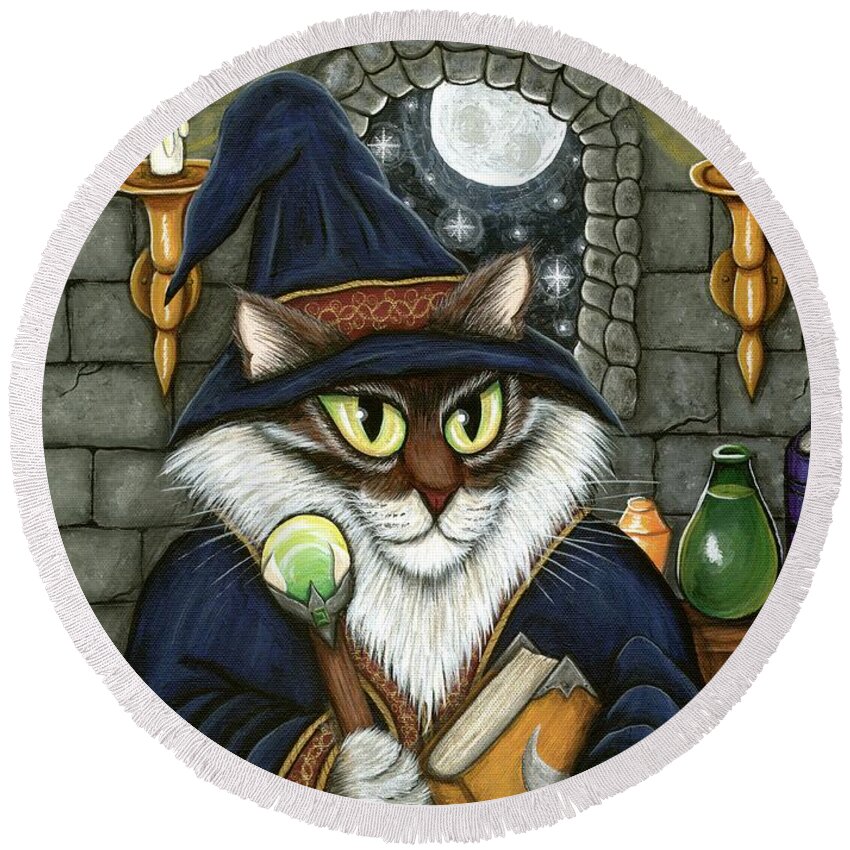 Merlin Round Beach Towel featuring the painting Merlin The Magician Cat - Wizard Cat by Carrie Hawks