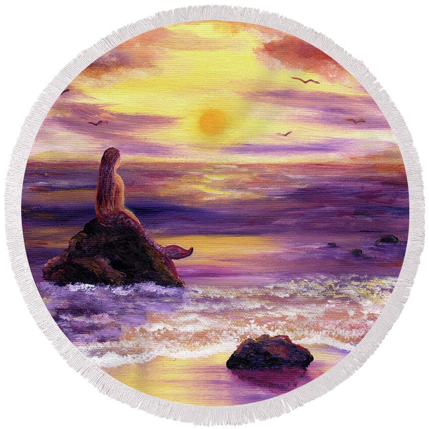 Mermaid Round Beach Towel featuring the painting Mermaid in Purple Sunset by Laura Iverson