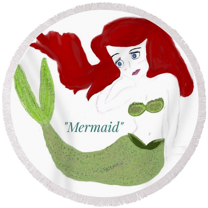 Mermaid Red Hair Illustration Round Beach Towel featuring the photograph Mermaid Red Hair Illustration by Susan Garren