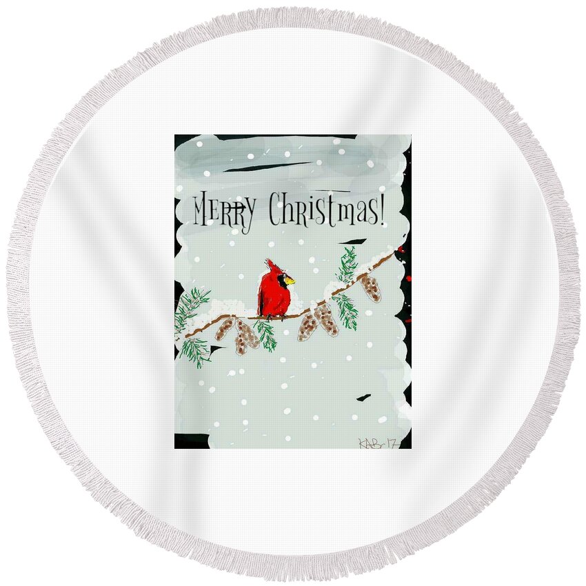 Cardinal Round Beach Towel featuring the digital art Merry Christmas Cardinal by Kathy Barney