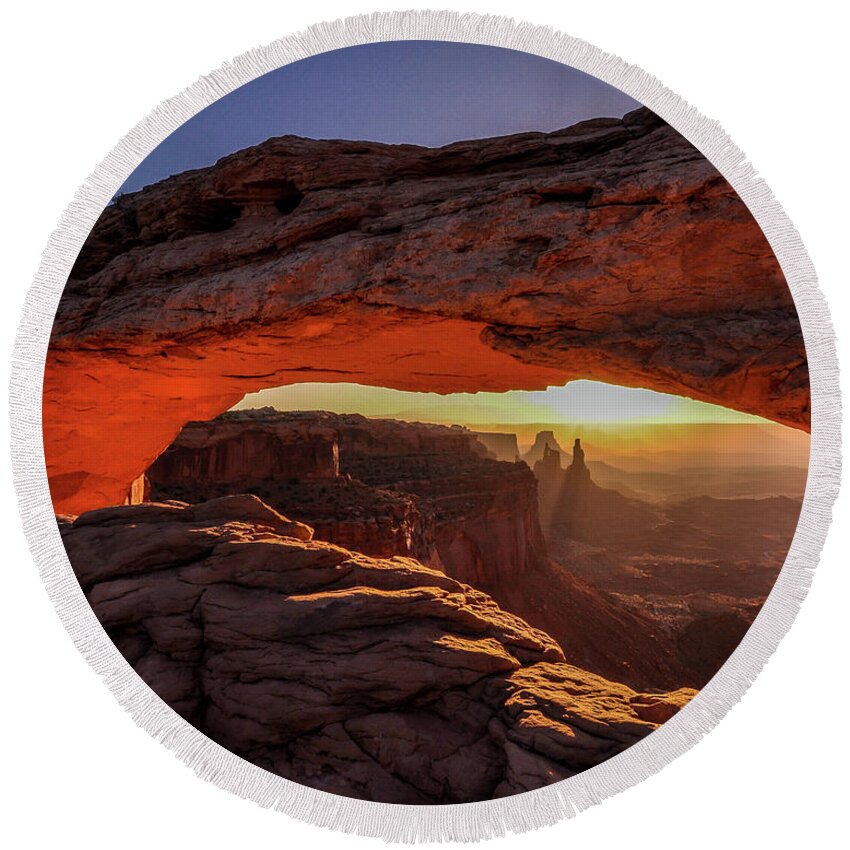 Mesa Arch Round Beach Towel featuring the photograph Mesa Arch at Sunrise 1, Canyonlands National Park, Utah by Tim Kathka
