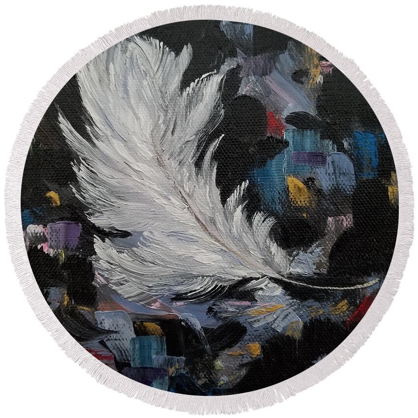 White Feather Round Beach Towel featuring the painting Message Received by Judith Rhue