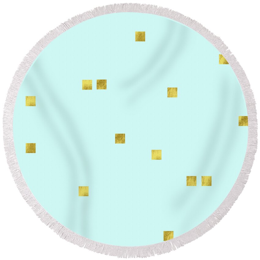 Pale Aqua Round Beach Towel featuring the digital art Metallic square confetti print, gold squares on aqua by Tina Lavoie