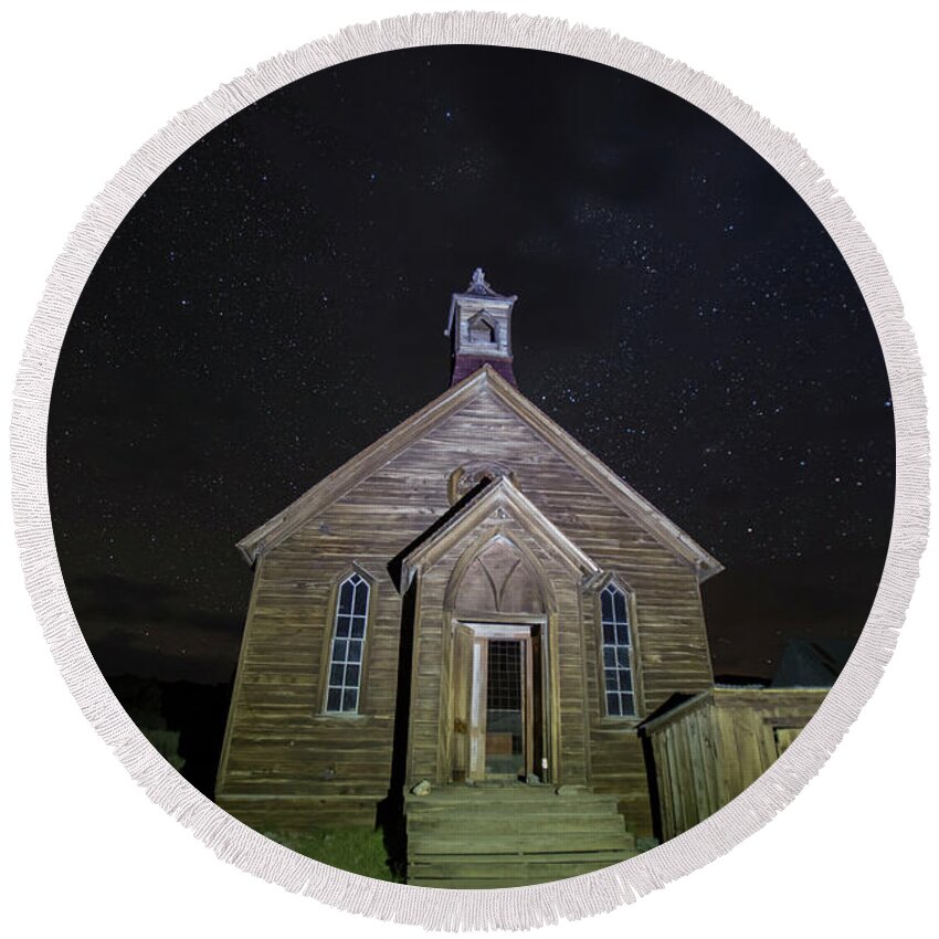 Abandoned Round Beach Towel featuring the photograph Methodist church at night, Bodie, California by Karen Foley