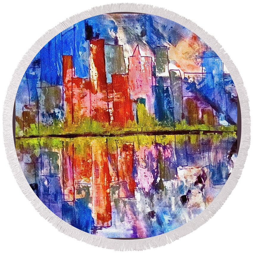 City Round Beach Towel featuring the painting Metropolis by Barbara O'Toole