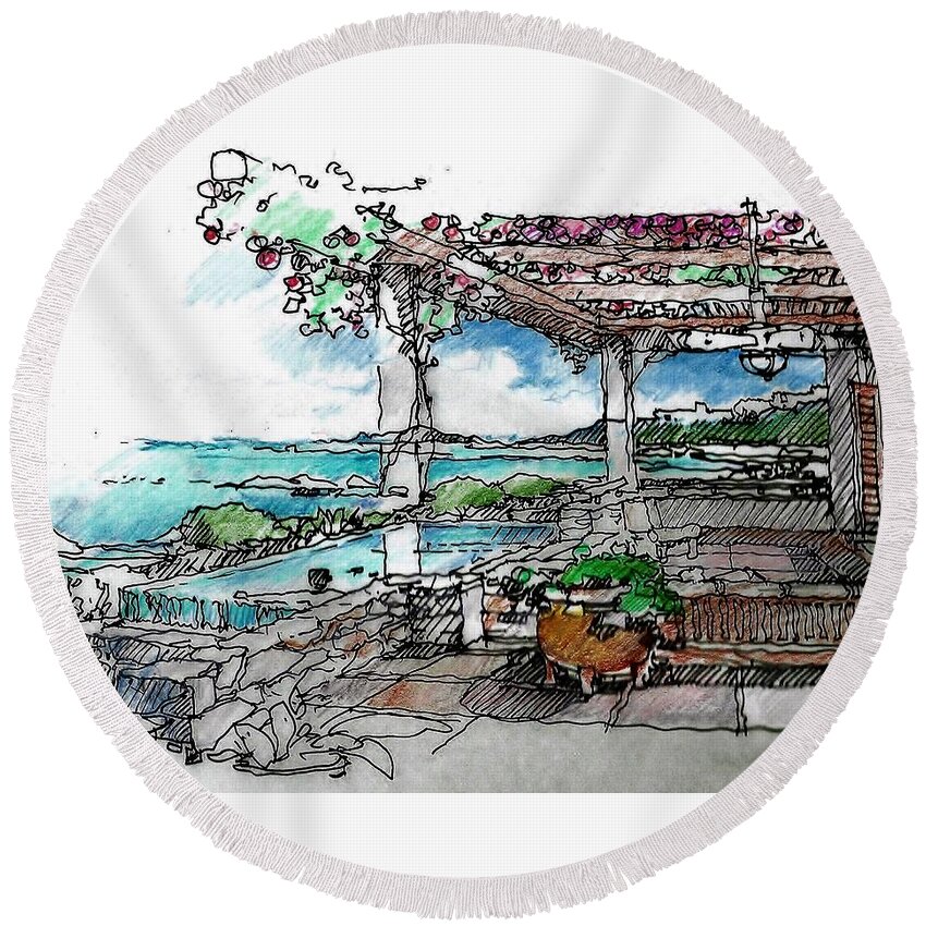 Resort Landscape Architecture Round Beach Towel featuring the drawing Mexican Retreat by Andrew Drozdowicz