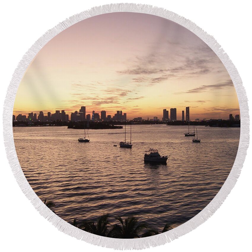 Miami Round Beach Towel featuring the photograph Miami Florida At Dusk by Phil Perkins