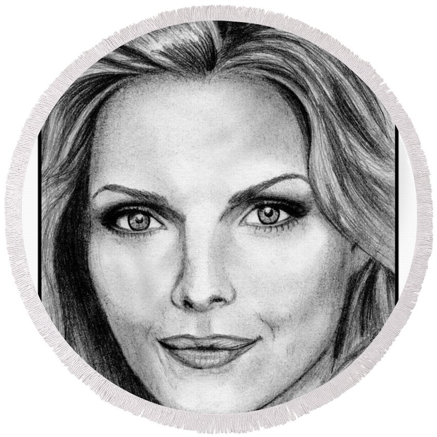 Michelle Pfeiffer Round Beach Towel featuring the drawing Michelle Pfeiffer in 2010 by J McCombie