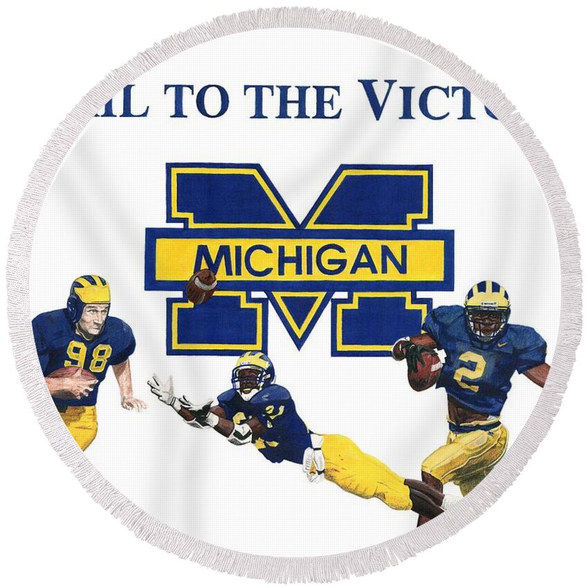Michigan Wolverines Round Beach Towel featuring the drawing Michigan Heismans by Chris Brown