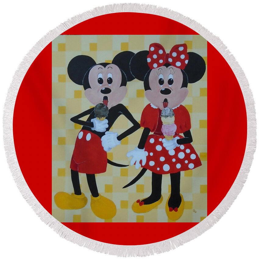 Pop Art Round Beach Towel featuring the painting Mickey and Minnie Love Ice Cream by Georgia Donovan