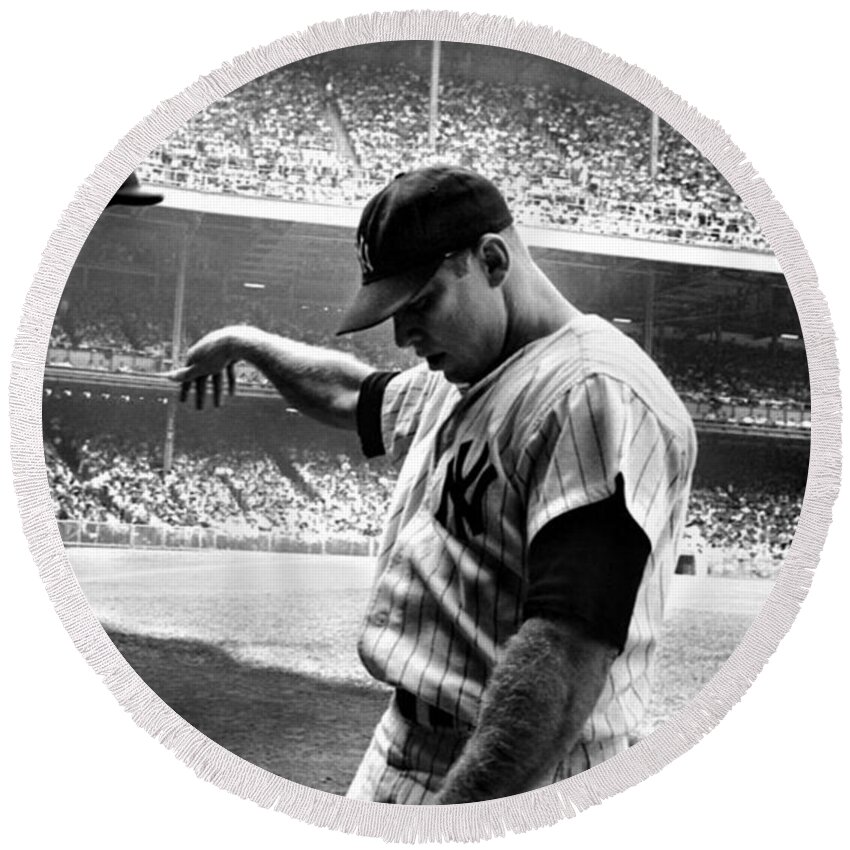 Baseball Round Beach Towel featuring the photograph Mickey Mantle Throws His Helmet by Peter Nowell