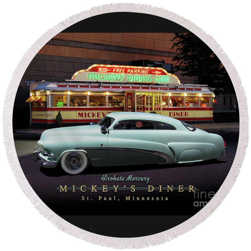 1951 Round Beach Towel featuring the photograph Mickey's Diner/ Hirohata Mercury by Ron Long