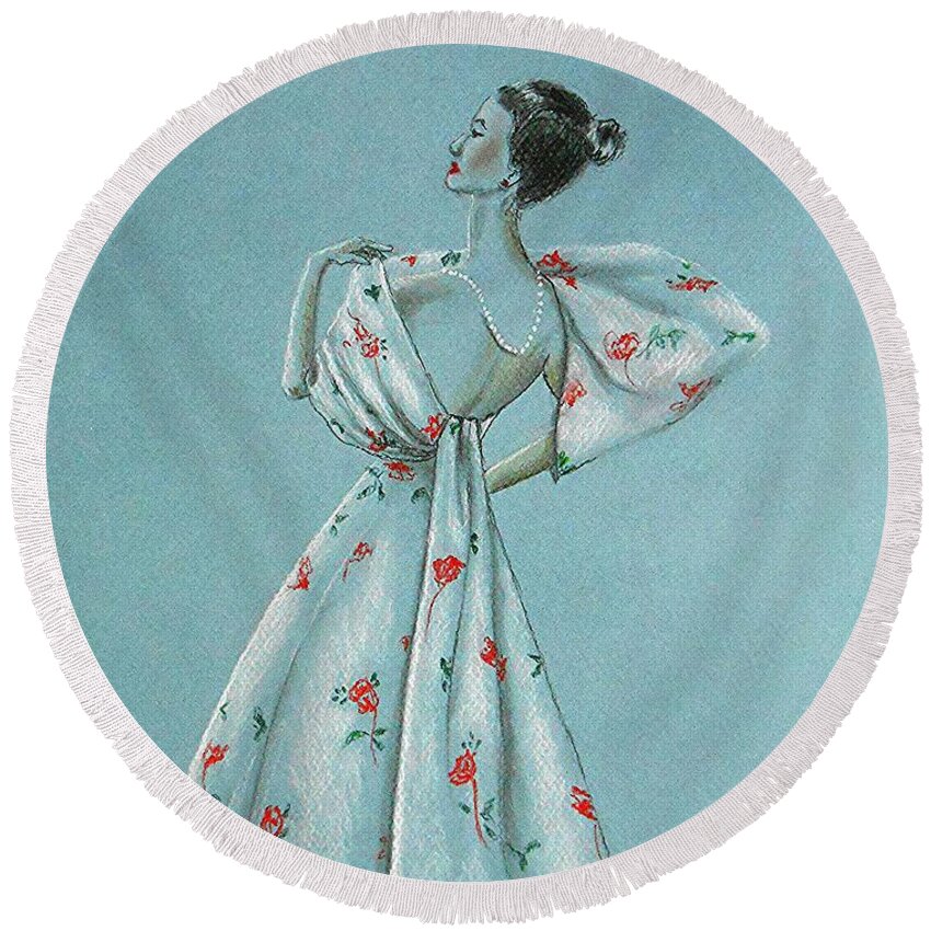 Model Round Beach Towel featuring the drawing Mid-Century Mode -- Drawing of 1950's Fashion by Jayne Somogy