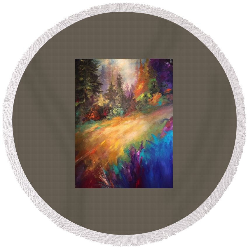 Landscape Forest Garden Color Flowers Garden Pathway Country Round Beach Towel featuring the painting Mid Day Inspiration by Heather Roddy
