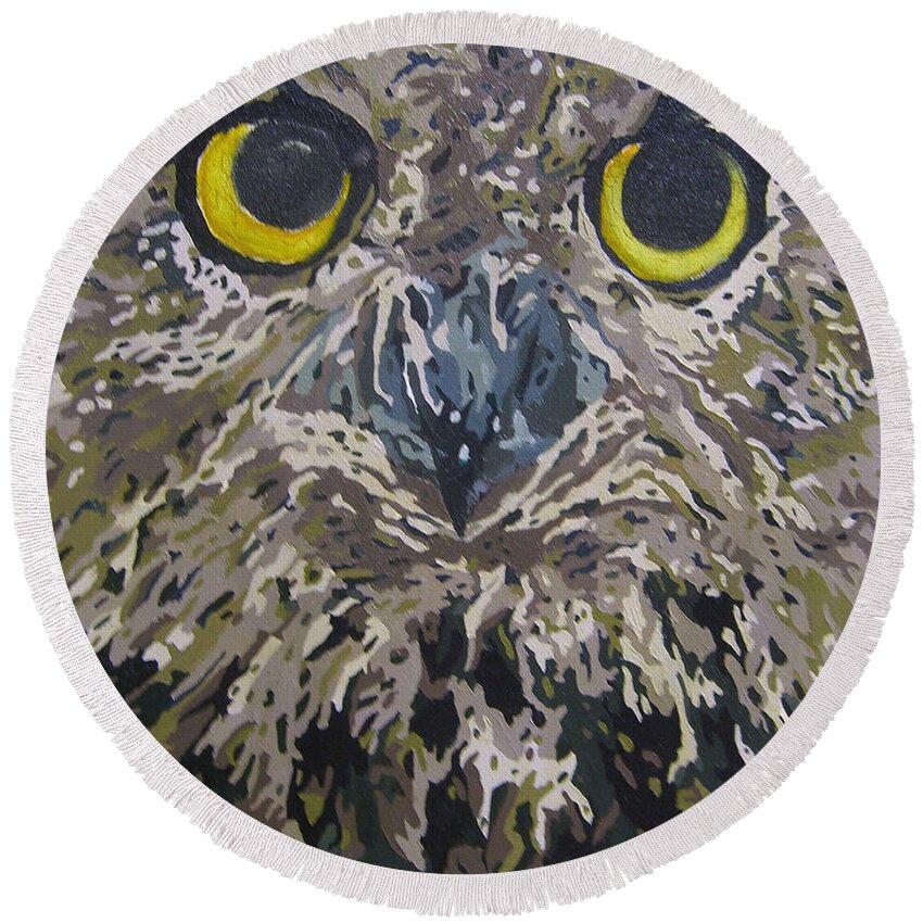 Owl Round Beach Towel featuring the painting Midnight Prowler by Cheryl Bowman
