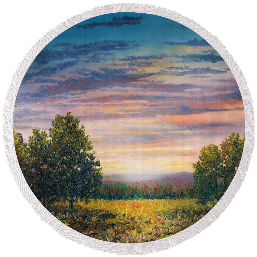 Rustic Round Beach Towel featuring the painting Midwest Evening by Douglas Castleman