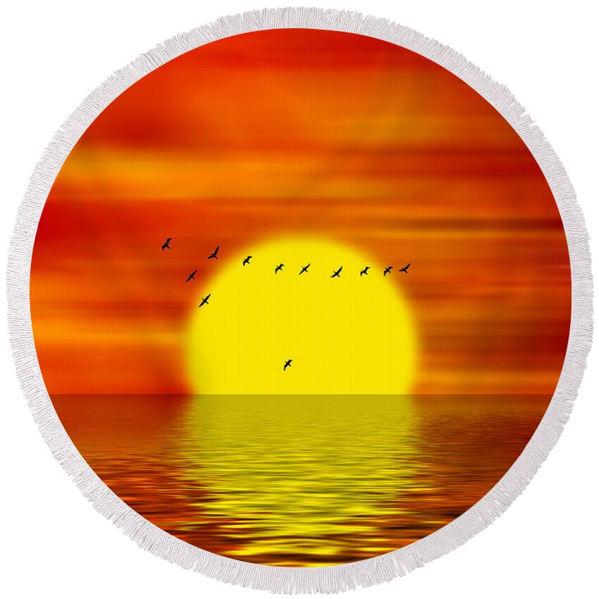 Sunset Round Beach Towel featuring the digital art Migrating Birds by Michal Boubin