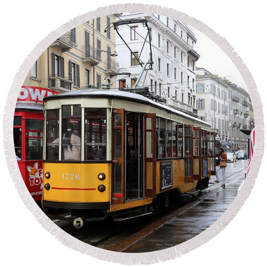 Milan Round Beach Towel featuring the photograph Milan Trolley 1 by Andrew Fare