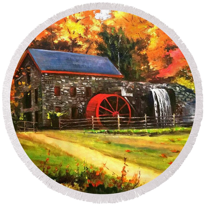Mill House Round Beach Towel featuring the painting Mill house by Rose Wang