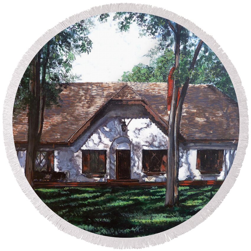 955 Marymount Round Beach Towel featuring the painting Miller Homestead by Tom Roderick