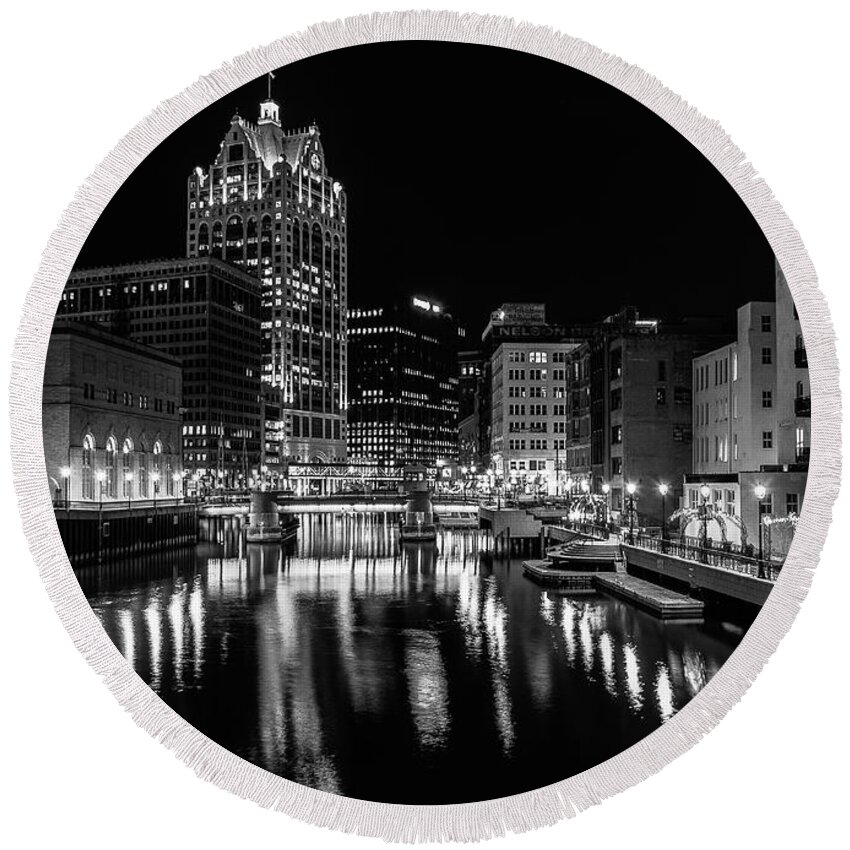 Monochrome Round Beach Towel featuring the photograph Milwaukee at Night by John Roach