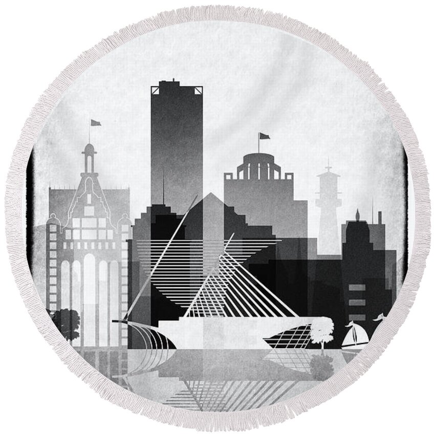 Black And White Round Beach Towel featuring the painting Milwaukee Skyline by Dim Dom