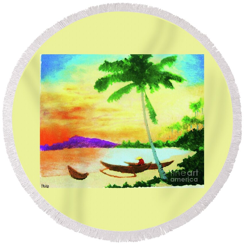 Landscape Round Beach Towel featuring the painting Mindanao Sunset by Thea Recuerdo