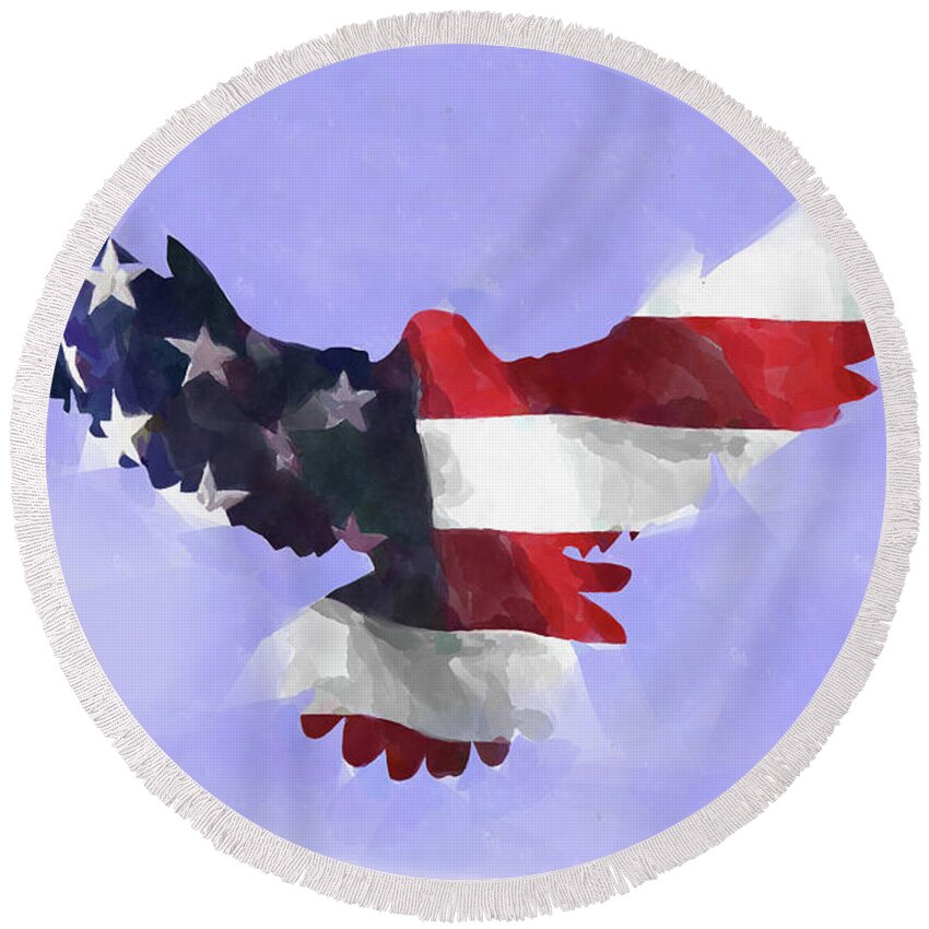 Eagle Round Beach Towel featuring the digital art Minimal Abstract Eagle With Flag Watercolor by Ricky Barnard