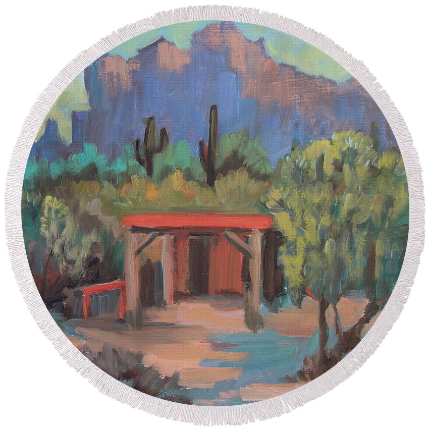 Plein Air Round Beach Towel featuring the painting Mining Camp at Superstition Mountain Museum by Diane McClary