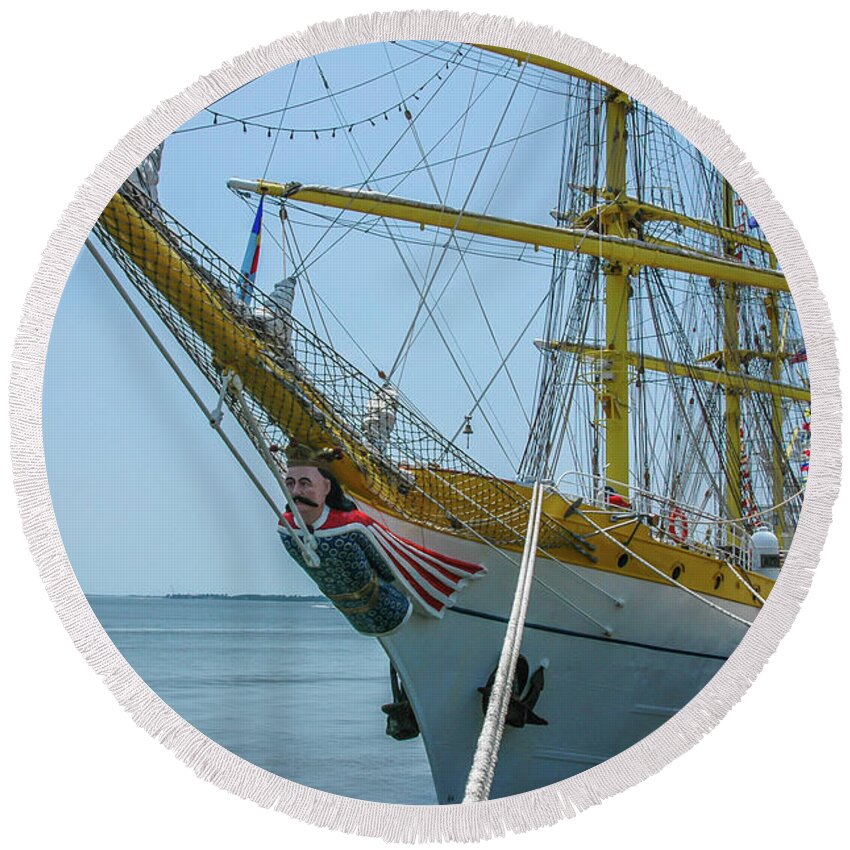 Mircea Round Beach Towel featuring the photograph Mircea Tall Ship Docked in Charleston SC by Dale Powell