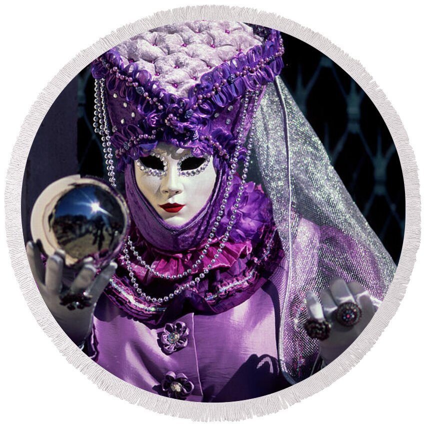 Carnevale Round Beach Towel featuring the photograph Mirror globe and Violet Mask by Riccardo Mottola