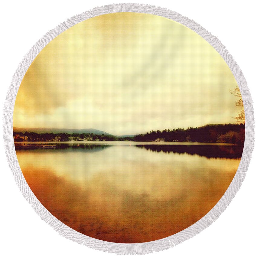 Lakes Round Beach Towel featuring the digital art Mirror Lake at Sunset by Trina Ansel