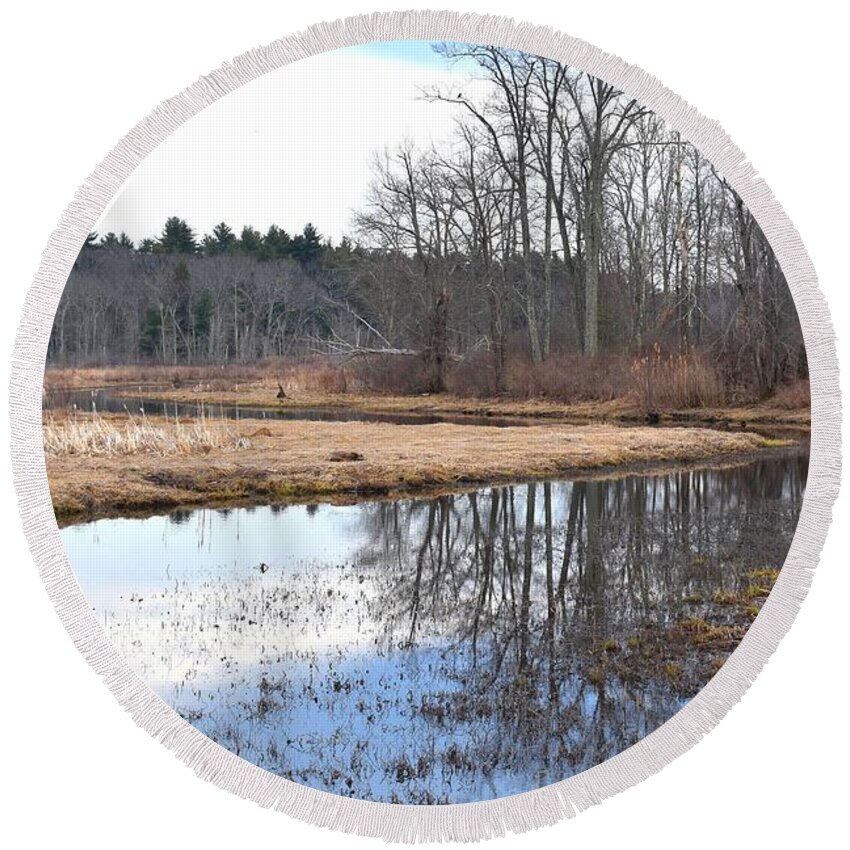 White Round Beach Towel featuring the photograph Mirrored Swamp 1 by Nina Kindred