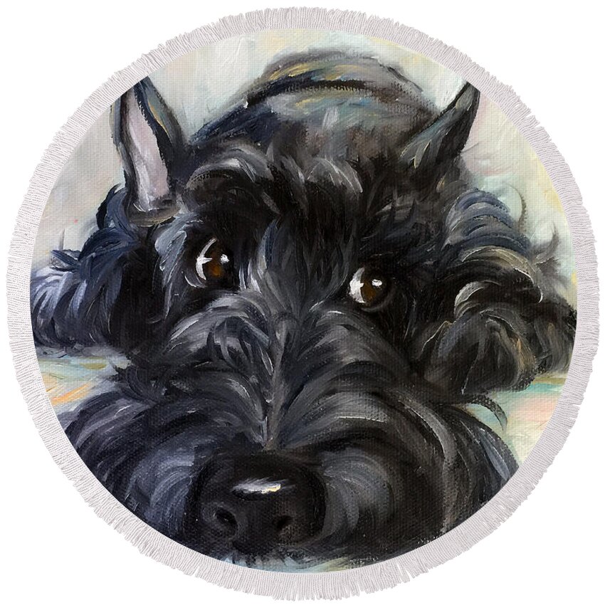 Scottie Round Beach Towel featuring the painting Mischief by Mary Sparrow