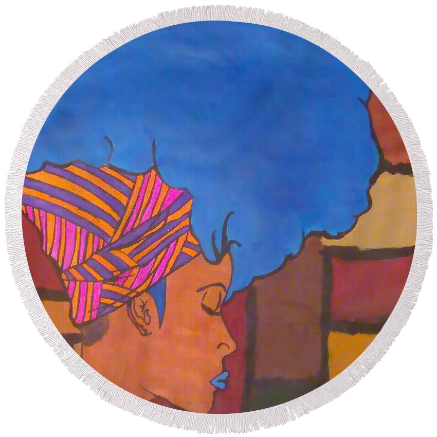 Natural Round Beach Towel featuring the painting Miss Blucy by King Takeem