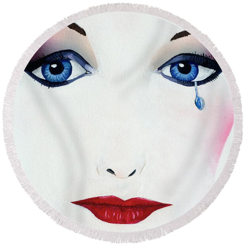 Sad Round Beach Towel featuring the painting Missing You by Mayhem Mediums