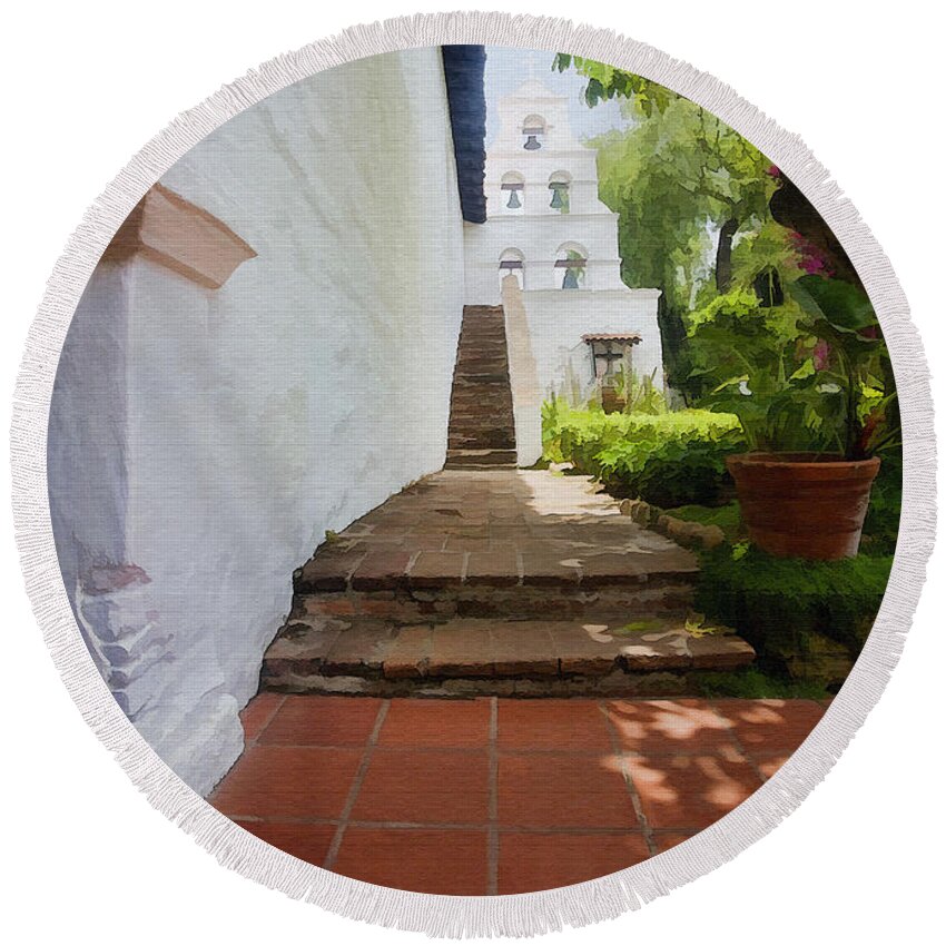 Architecture Round Beach Towel featuring the photograph Mission Bells by Sharon Foster