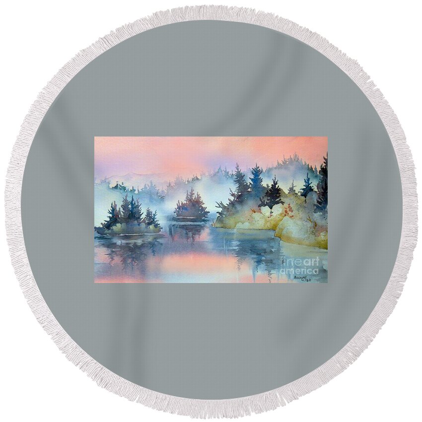 Mist At Sunrise Round Beach Towel featuring the painting Mist at Sunrise by Teresa Ascone