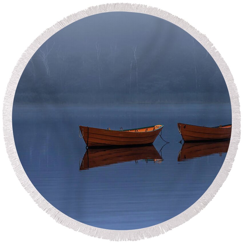 Boats Round Beach Towel featuring the photograph Mists of Time by Rob Davies