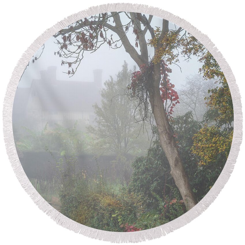 Plants Round Beach Towel featuring the photograph Misty Garden, Great Dixter 2 by Perry Rodriguez