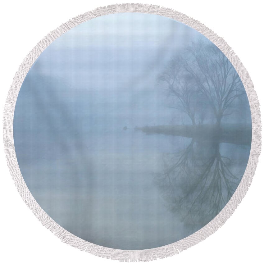 Misty Lake Morning Round Beach Towel featuring the digital art Misty Lake Morning by Randy Steele