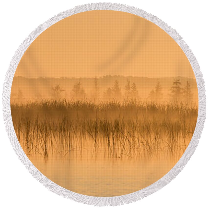 Orange Round Beach Towel featuring the photograph Misty Morning Floating Bog Island on Boy Lake by Patti Deters