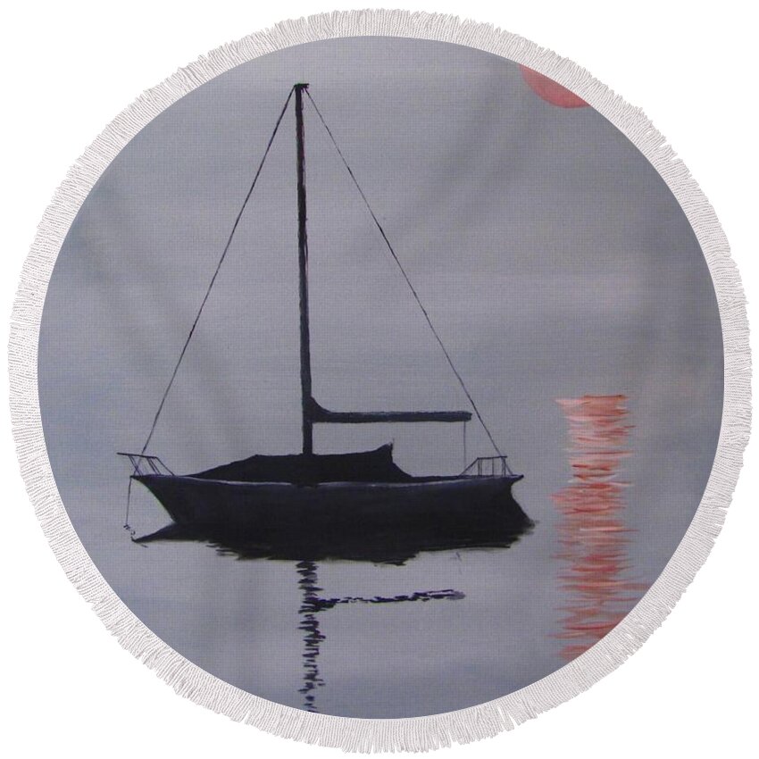 Boat Round Beach Towel featuring the painting Misty Morning Mooring by Jack Skinner