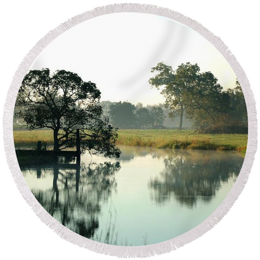 Alabama Photographer Round Beach Towel featuring the digital art Misty Morning Pond by Michael Thomas