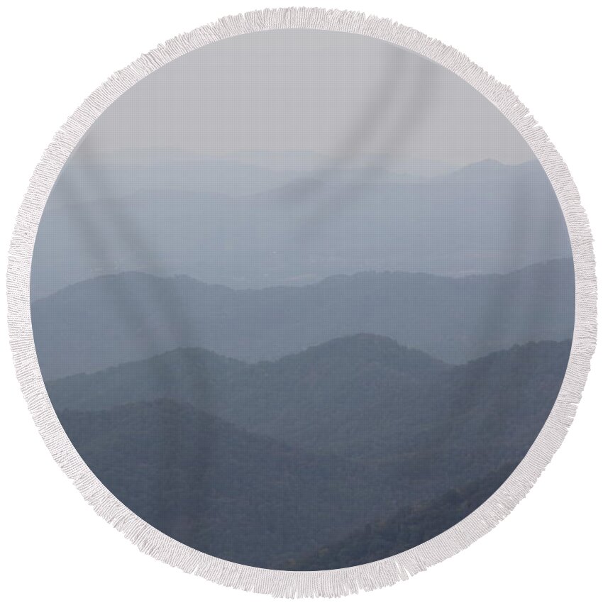  Misty Mountains Round Beach Towel featuring the photograph Misty Mountains by Allen Nice-Webb