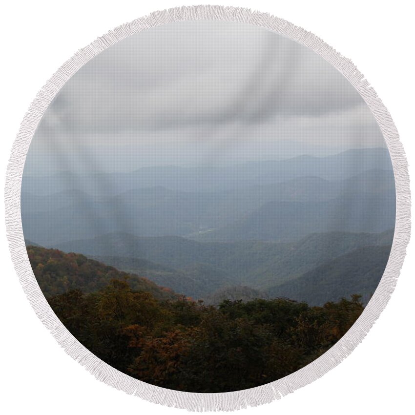 Misty Mountains Round Beach Towel featuring the photograph Misty Mountains More by Allen Nice-Webb