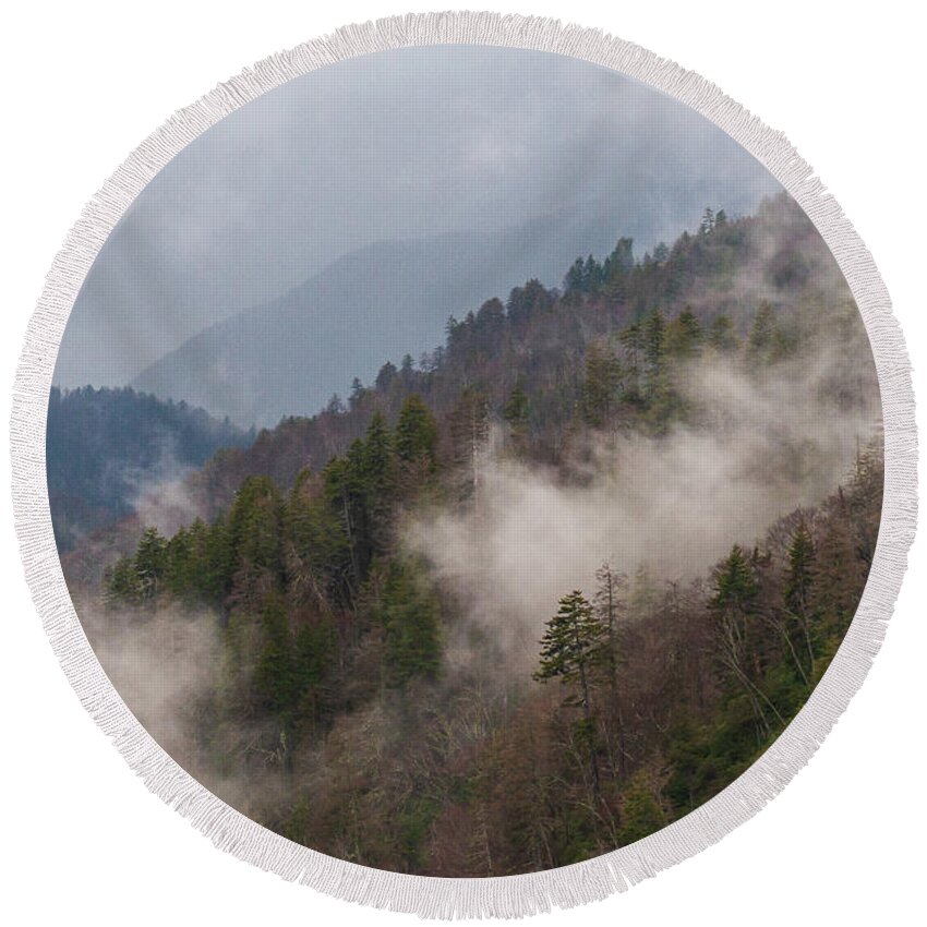 Great Smoky Mountains National Park Round Beach Towel featuring the photograph Misty Mountains by Stefan Mazzola