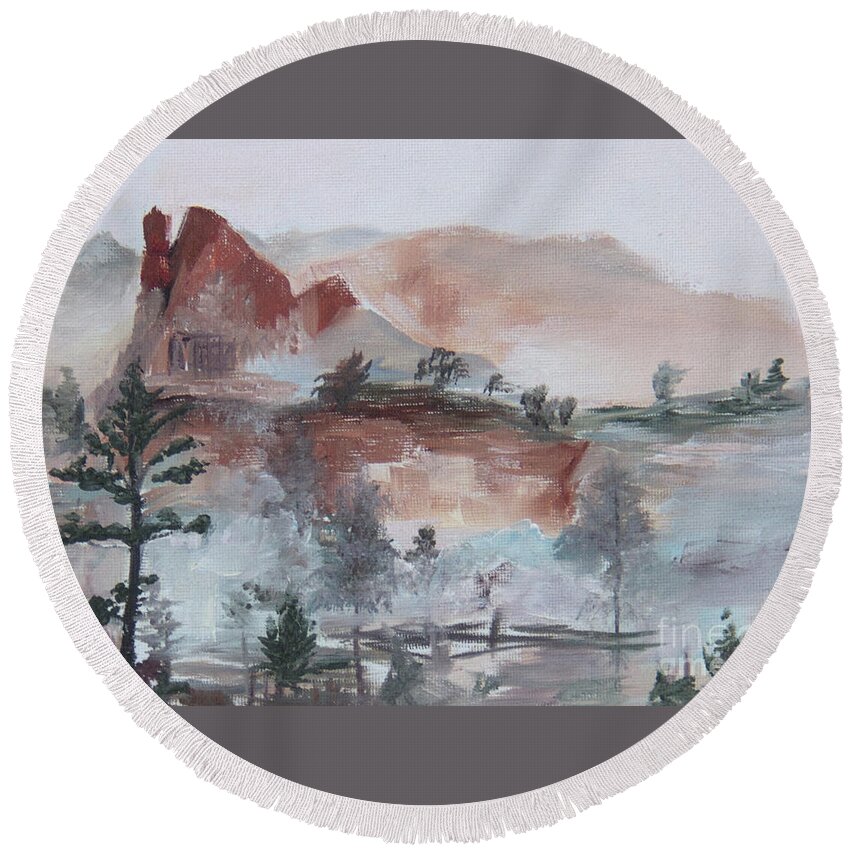 Misty Mountain Scene Round Beach Towel featuring the painting Misty by Nila Jane Autry